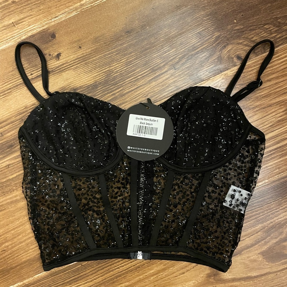 White Fox Give Me More Bustier Black Sequin Corset Top NWT Size Small